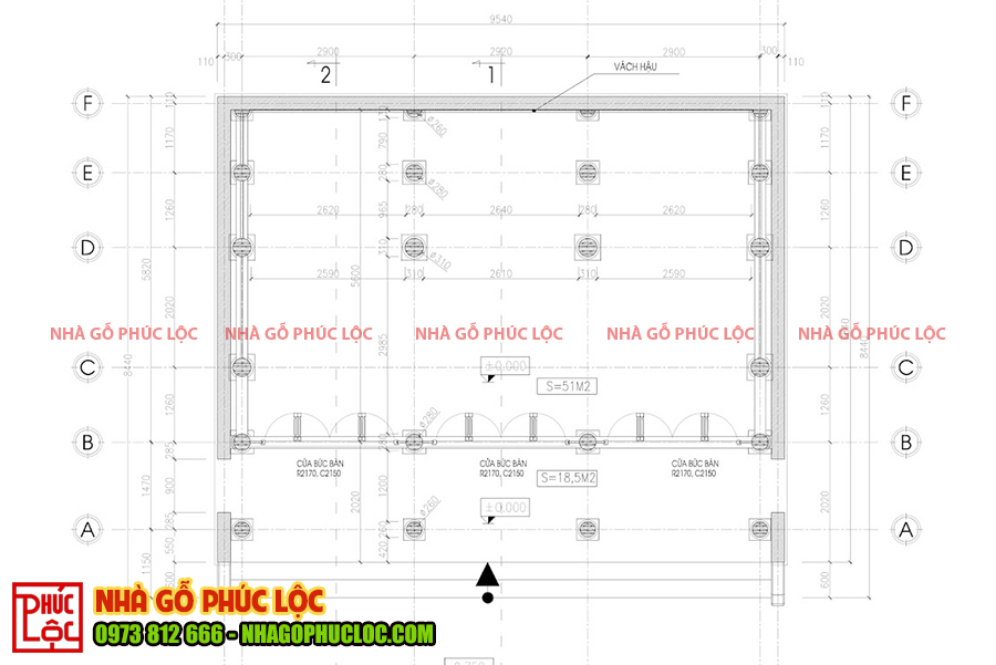 Bố trí mặt bằng cột nhà gỗ 3 gian 22 cột 