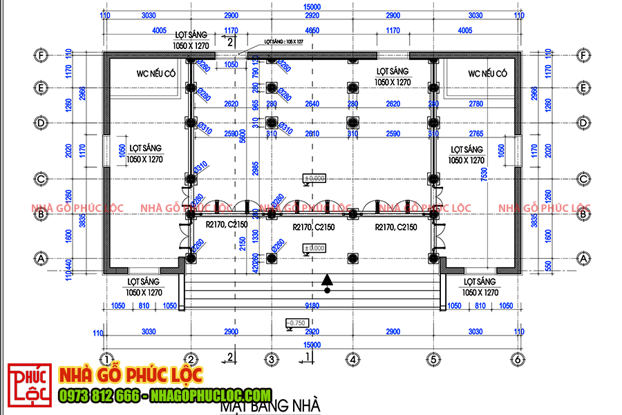 Bố trí cột nhà 5 gian 2 buồng gói 