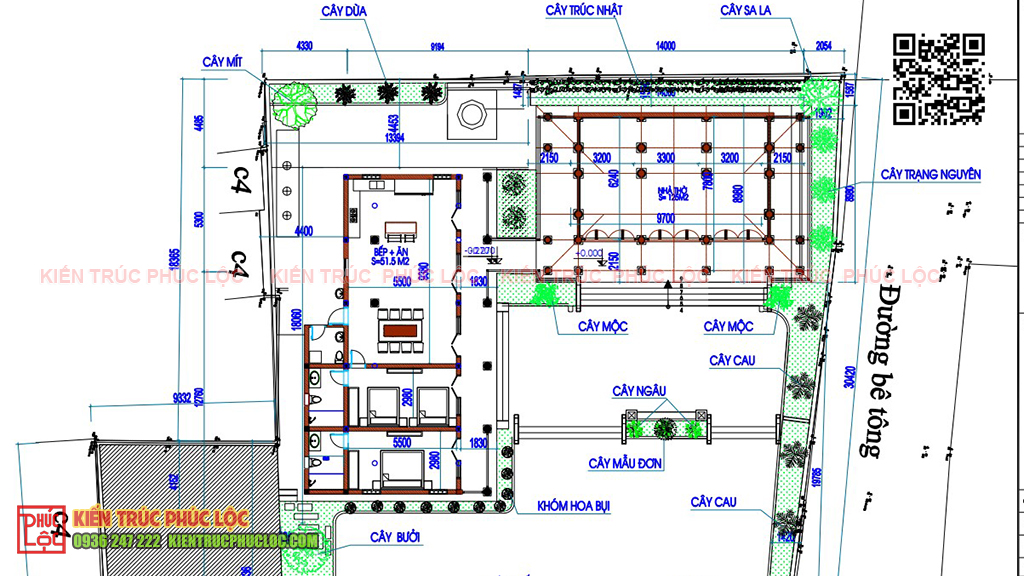 Bản vẽ mẫu nhà gỗ 3 gian 4 mái kết hợp nhà ngang mái ngói cổ