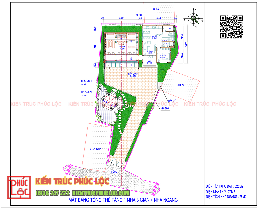 Bản vẽ thiết kế nhà gỗ 3 gian kết hợp nhà ngang sân vườn