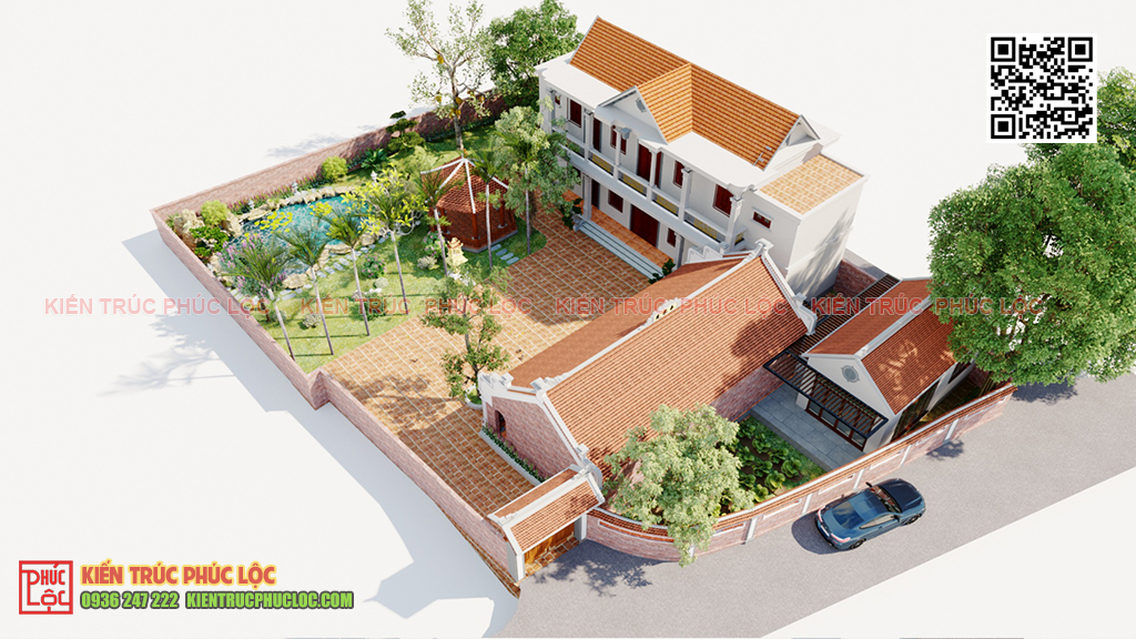 Mẫu thiết kế nhà từ đường gỗ 5 gian kết hợp nhà ngang sân vườn