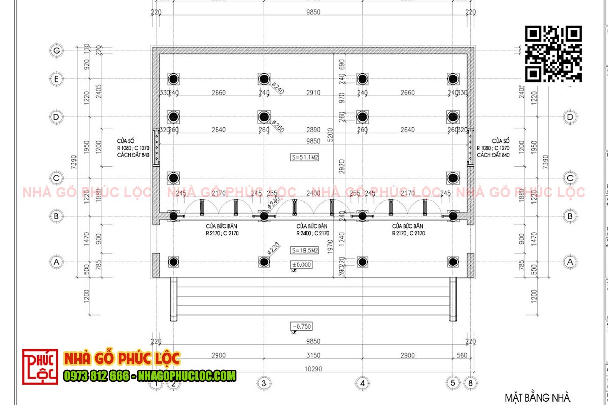 Mặt bằng nhà gỗ 3 gian 2 dĩ